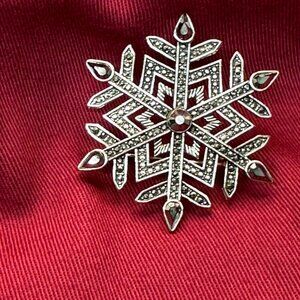 Silver-Tone & Black Crystal Snowflake Brooch – Christmas Accessory